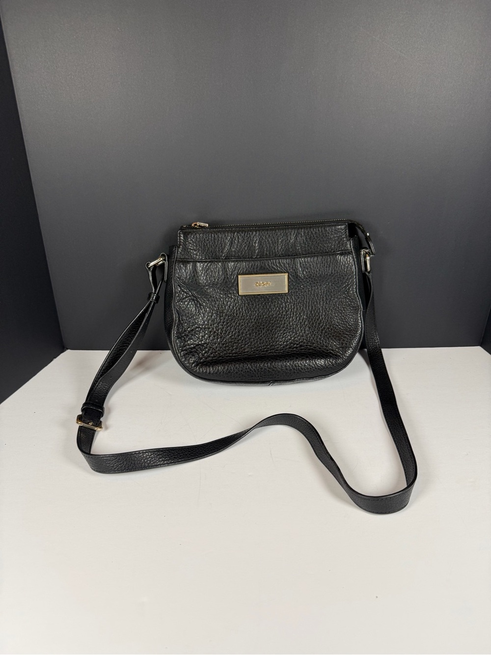 DKNY Classic Black Pebbled Leather Crossbody Gold Plate